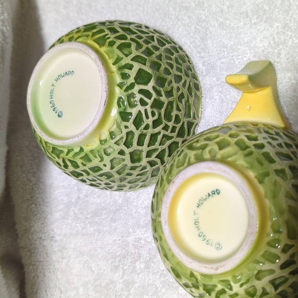 Holt Howard Vintage 1960 Ceramic Cantelope Creamer & Sugar Set w/Plastic Lid - Picture 5 of 7